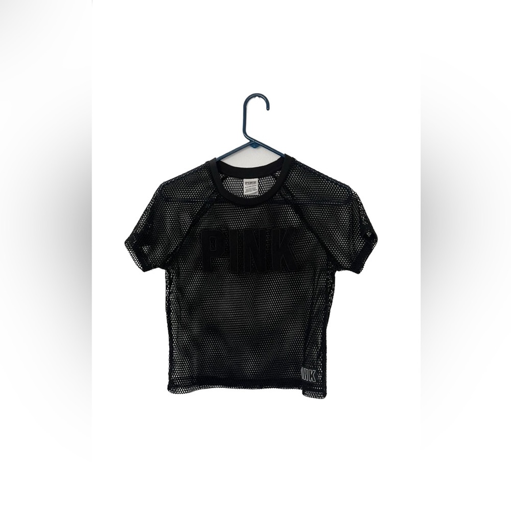 Victoria Secret PINK Black Mesh Fishnet Crew Neck Crop Top Shirt